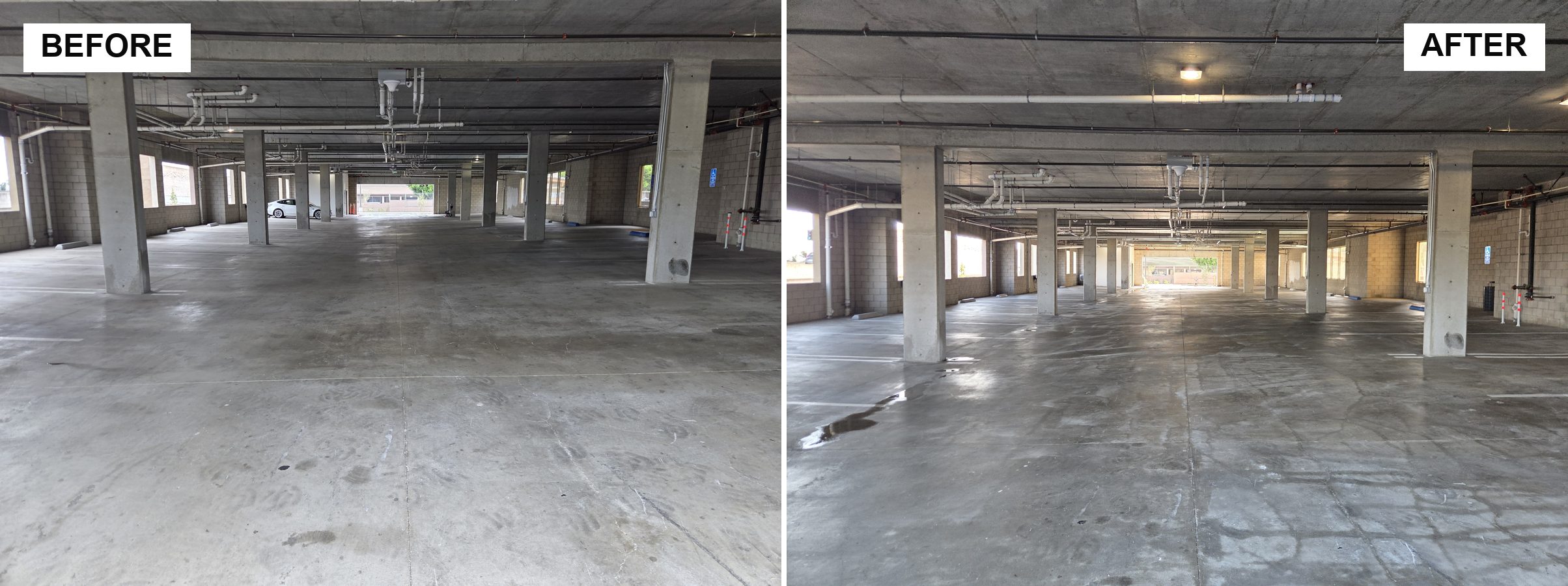 Parking structure pressure washing, before and after