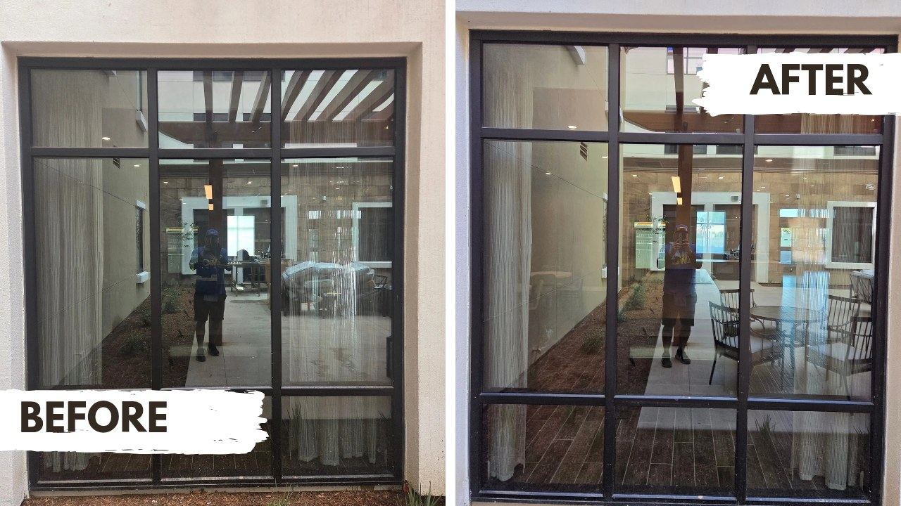 Glass entrance door before and after